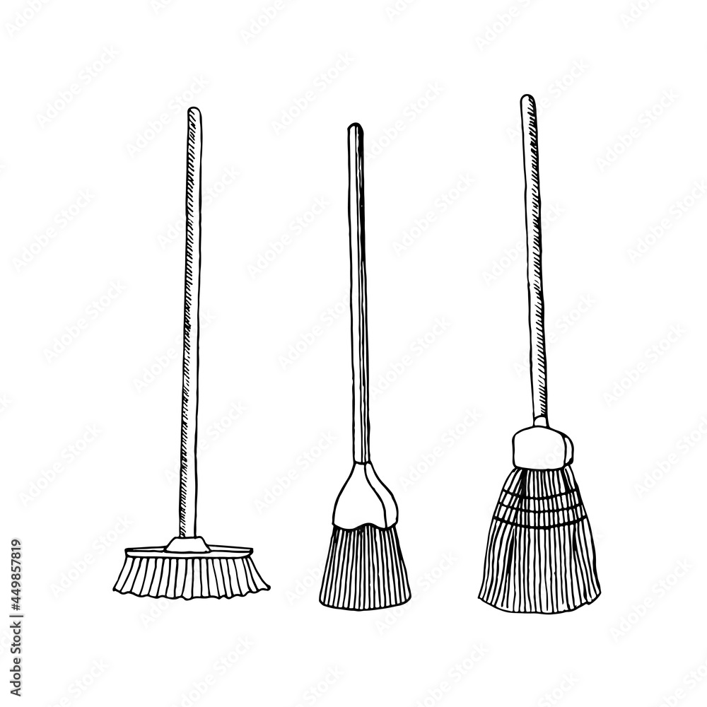 A set of three long brooms for sweeping floors. A black-and-white sketch in the style of doodles, highlighted on a white background. A set of three long brooms for sweeping floors. A black-and-white sketch in the style of doodles, highlighted on a white background.