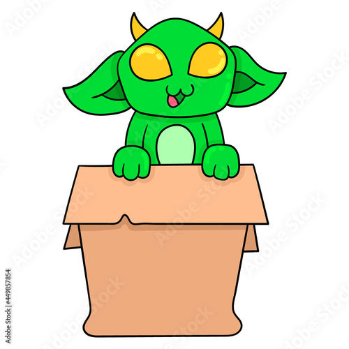 alien child cute creature hiding in cardboard, doodle icon image kawaii