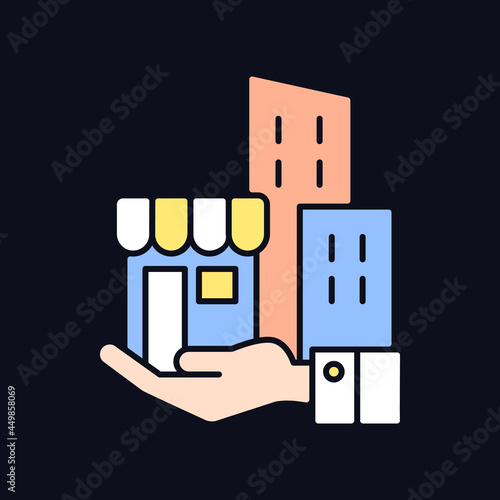 Building ownership RGB color icon for dark theme. Real estate business. Private property. Company assets. Isolated vector illustration on night mode background. Simple filled line drawing on black