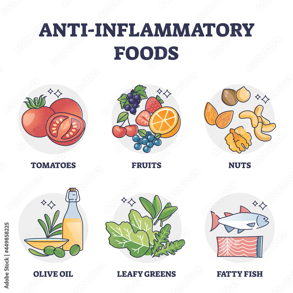Anti inflammatory foods list for stomach digestive health outline collection. Labeled
