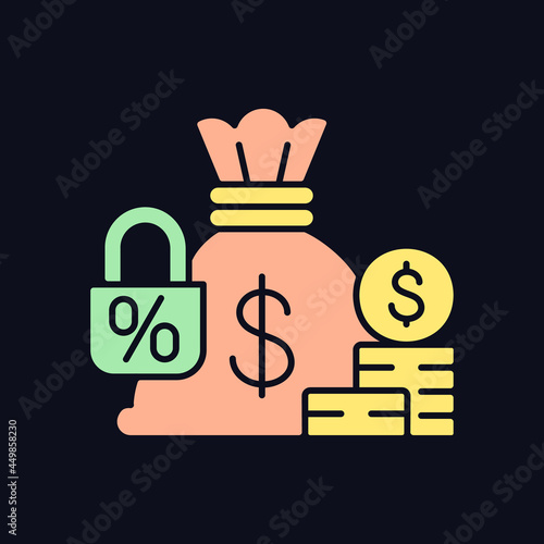 Fixed deposit RGB color icon for dark theme. Low-risk financial instrument. Bag sack and locked percent. Isolated vector illustration on night mode background. Simple filled line drawing on black