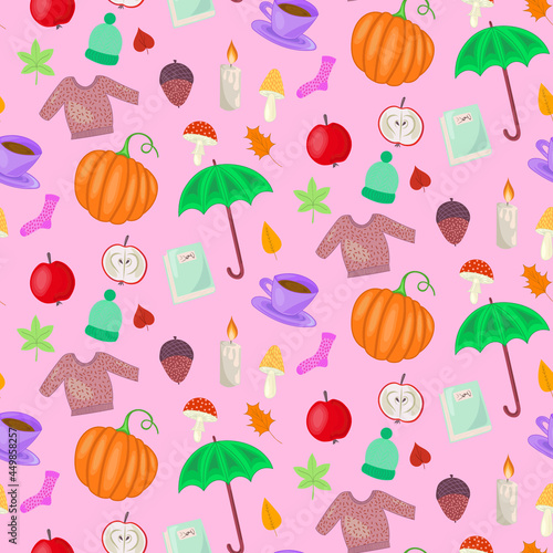Hygge autumn cosy pattern, with nature, food and clothing motifs