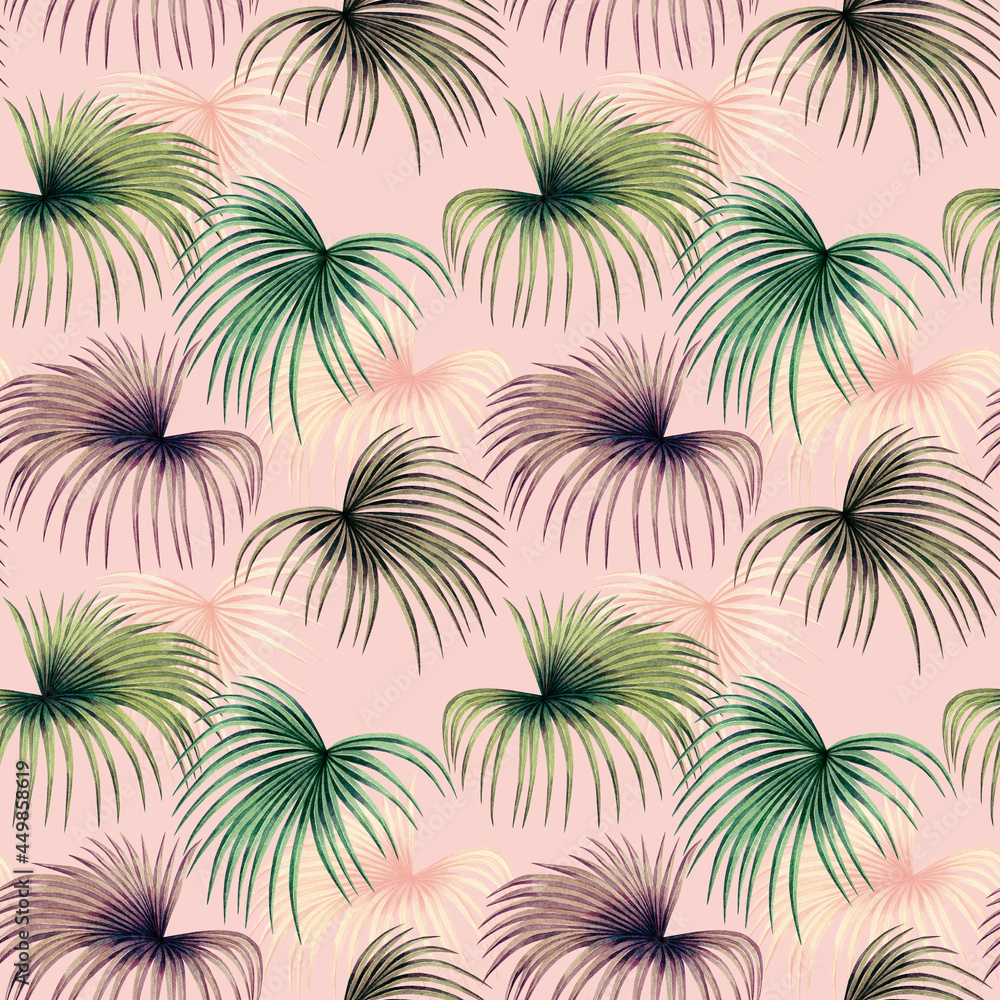 Watercolor painting colorful palm leaves seamless pattern on pink background.Watercolor hand drawn illustration tropical exotic leaf prints for wallpaper,textile Hawaii aloha jungle pattern.