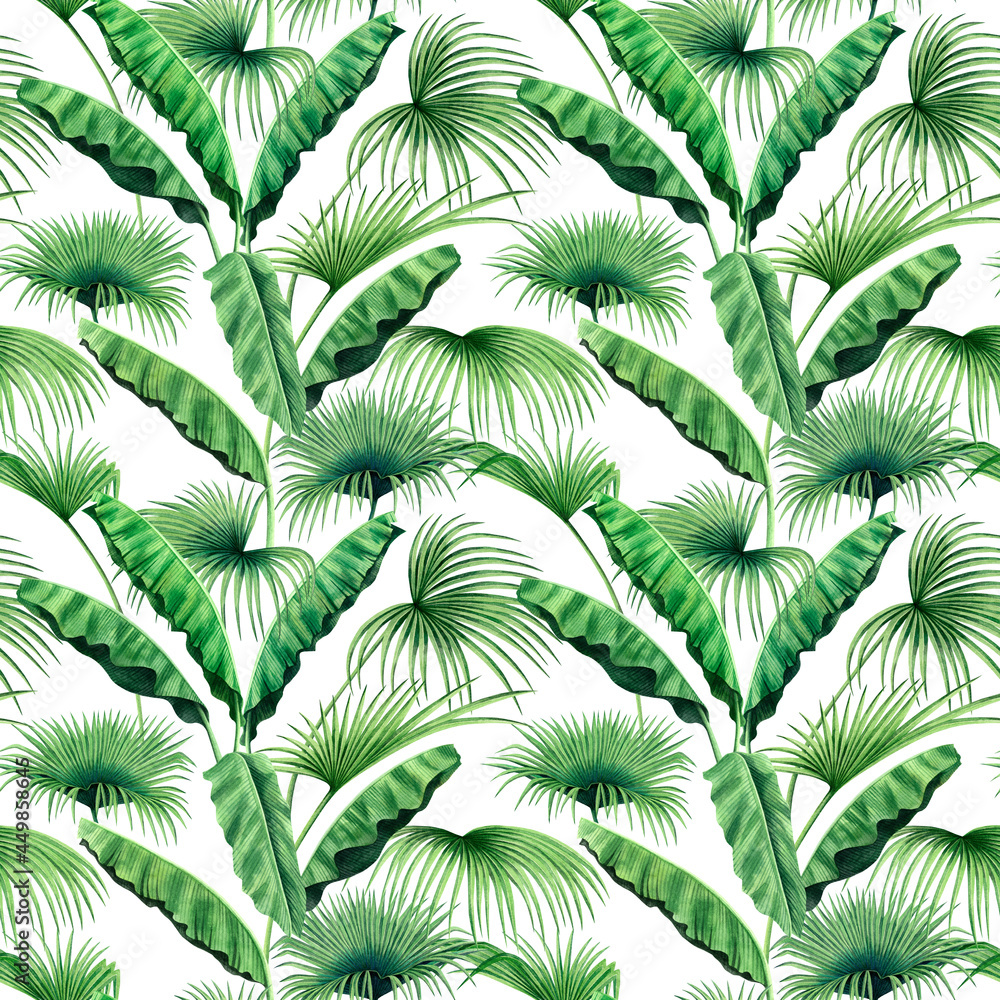 Watercolor painting tree ,banana,palm leaves seamless pattern on white background.Watercolor hand drawn illustration tropical exotic leaf prints for wallpaper,textile Hawaii aloha jungle pattern.