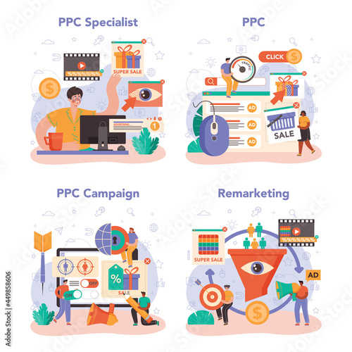 PPC specialist set. Pay per click manager, contextual advertsing
