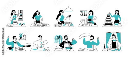 People cooking on kitchen. Woman preparing food, home cook service. Happy young chef person, man cutting and eat. Culinary decent vector set