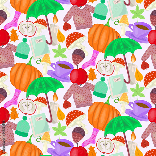Hygge autumn cosy pattern, with nature, food and clothing motifs
