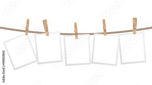 Realistic photo frames. Frame hanging on wooden clothespins on rope. Modern stylish decorative element for interior design, isolated scandinavian home accessory vector template