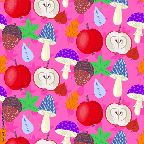Autumn woodland pattern with mushrooms and leaves