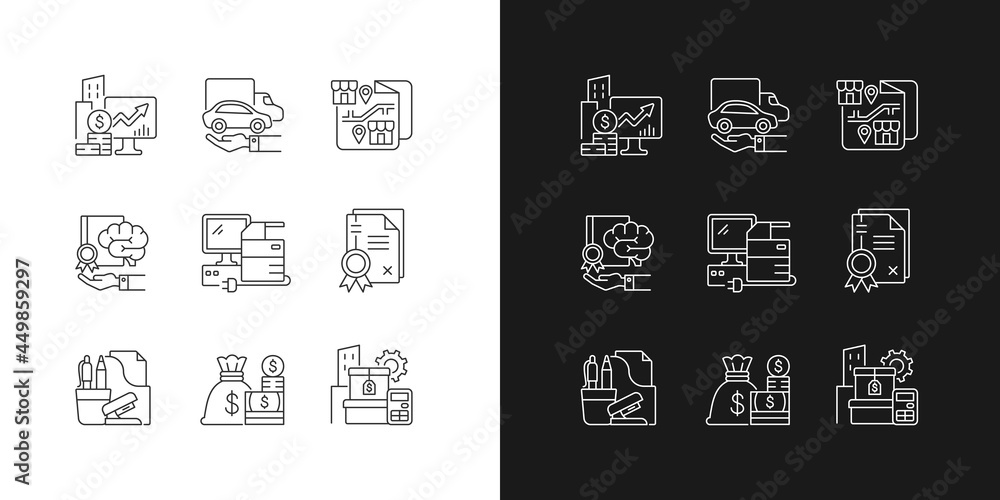 Office supplies and technical equipment linear icons set for dark and light mode. Company owned vehicles. Customizable thin line symbols. Isolated vector outline illustrations. Editable stroke