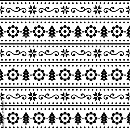 Christmas Scandinavain folk art vector seamless pattern, Nordic festive design with snowflakes, flowers, Xmas trees in black on white background
