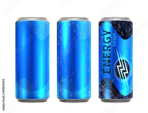 Energy drink metal can. Realistic aluminium cans of cold coffee. Drinks bottle with water drops vector mockup