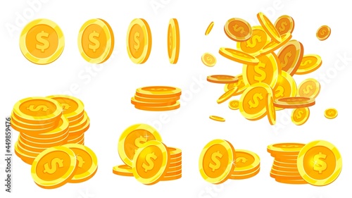 Gold dollars coins. Isolated coin golden, flying money. Metal cash stacks, financial banking, investment or game vector payments collection