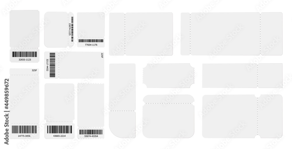 White blank tickets template. Realistic ticket mockup, isolated theater show travel pass coupons or gift vouchers vector set
