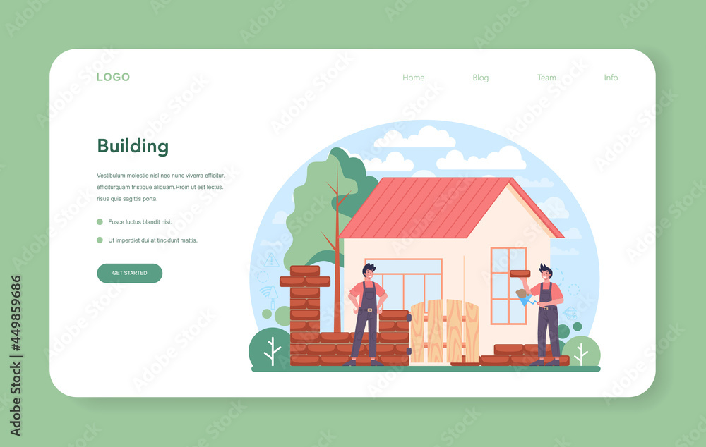 Bricklayer web banner or landing page. Professional builder constructing