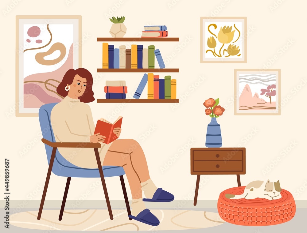 Fototapeta premium Woman reading book. Scandinavian interior, books read and relaxing. Cozy living room, girl sitting in chair and cat vector card