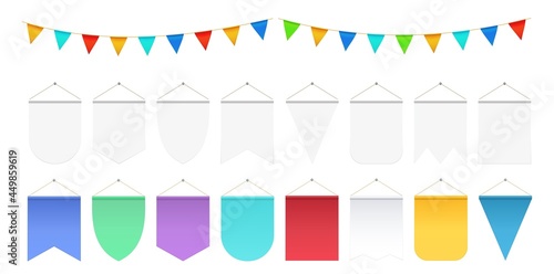 Realistic hanging flags. White pennant mockup, festival party flag banners. Isolated anniversary or ad decorations vector collection