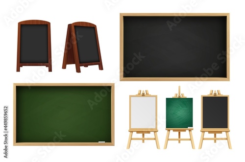 Realistic school chalkboard. Outdoor restaurant blackboard, wooden easels with different surfaces. Empty cafe texting desk, classroom retro 3d vector accessories