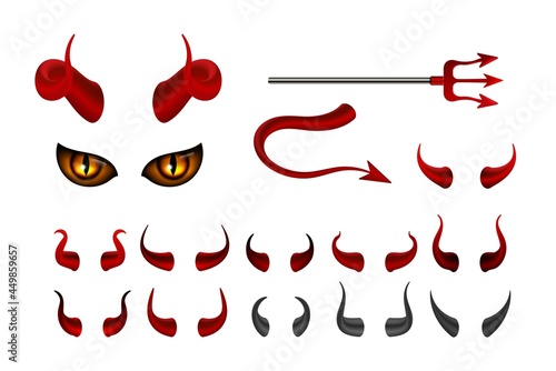 Red devil horn. Satanic horns face with yellow eyes, isolated hell harpoon and tail. Halloween photo booth props, social media stories stickers or isolated vector elements