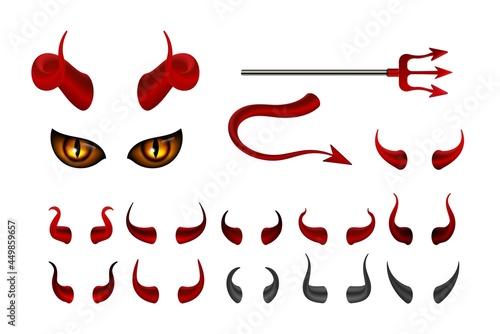 Red devil horn. Satanic horns face with yellow eyes, isolated hell harpoon and tail. Halloween photo booth props, social media stories stickers or isolated vector elements photo