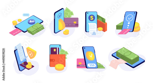 Online mobile payments. Money card payment sending, e-wallet display. Cashless pay, digital bill transfer. Business transaction service utter vector concept