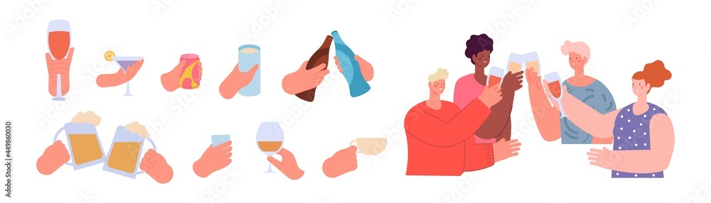 Obraz premium People holding drinks. Hands with drink, friends clinking glasses. Hand hold can or bottles, teens celebrate with beverage utter vector set