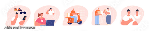 Order and delivery concept. Online shopping and cashless pay, shipping on bike to home. Man calling to call center and wait courier utter vector scenes