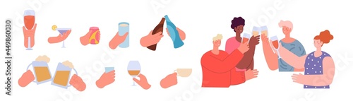 People holding drinks. Hands with drink, friends clinking glasses. Hand hold can or bottles, teens celebrate with beverage utter vector set