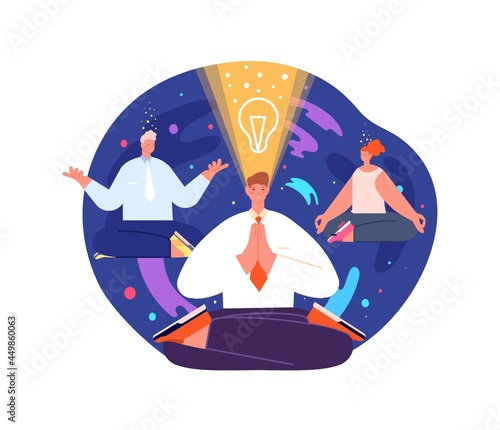 Business meditation process. Levitation office woman in yoga pose, mind health wellbeing. Start new project or ideas birth utter vector scene