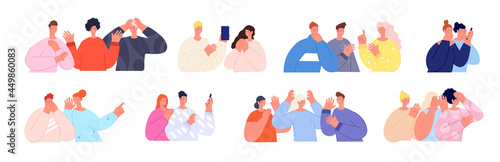 Gossip people. Friends slander, laugh and whisper secret on ear. Backbiting in group, surprised dialogue on phone. Whispering utter vector characters