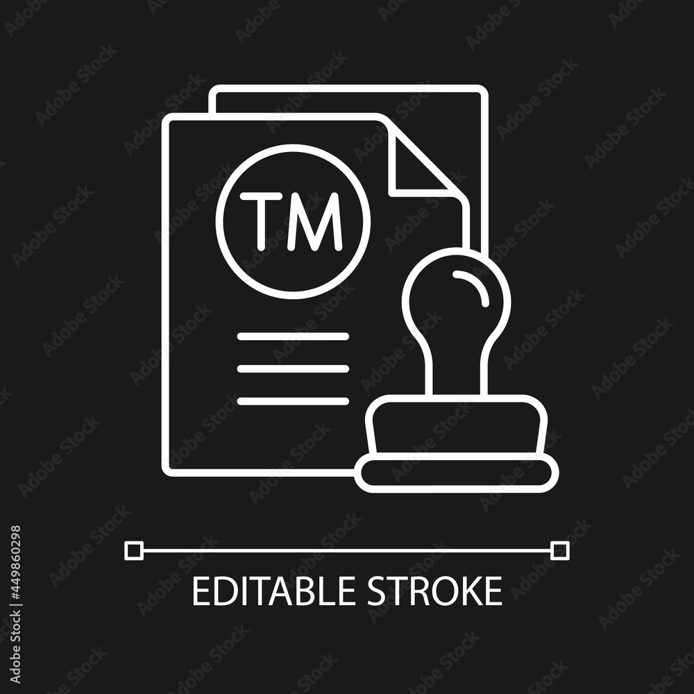 Trademark white linear icon for dark theme. Product or service identification. Legal entity mark. Thin line customizable illustration. Isolated vector contour symbol for night mode. Editable stroke Trademark white linear icon for dark theme. Product or service identification. Legal entity mark. Thin line customizable illustration. Isolated vector contour symbol for night mode. Editable stroke