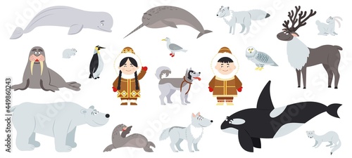 Polar animals. Cute arctic animal, walrus bear whale. Fun antarctic flat wildlife, penguin and alaska baby with dog. Eskimo characters decent vector set