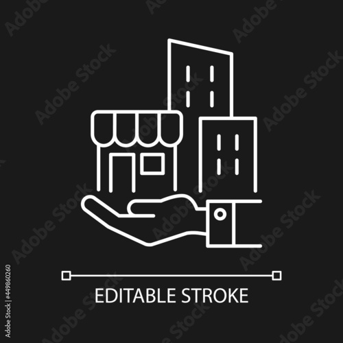 Building ownership white linear icon for dark theme. Real estate. Private property. Company assets. Thin line customizable illustration. Isolated vector contour symbol for night mode. Editable stroke