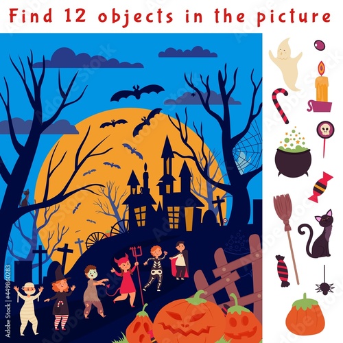 Find hidden objects. Halloween game location, fun children puzzle. Look play picture, education search brain teaser decent vector magic scene