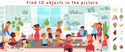 Find objects game. Puzzle play, visual kids brain teaser. Education, children playing together in school or kindergarten decent vector image