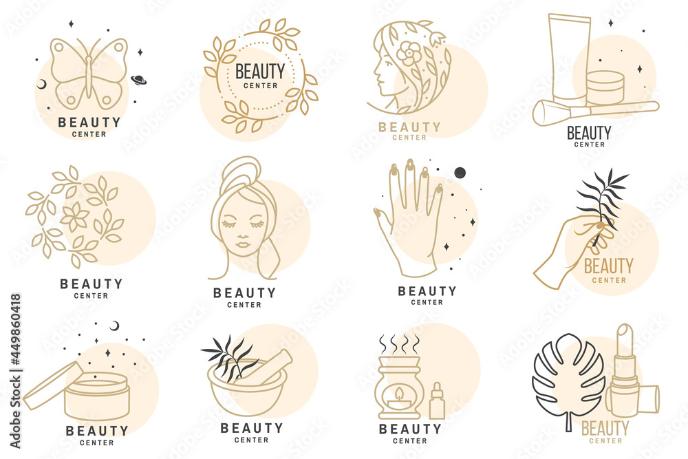 Vecteur Stock Set of Beauty center emblem with woman face, ceramic candle  aroma oil lamp, mortar and pestle, lipstick. Beauty center label, badge,  sign for cosmetics, jewellery, beauty. Linear trendy style. Vector