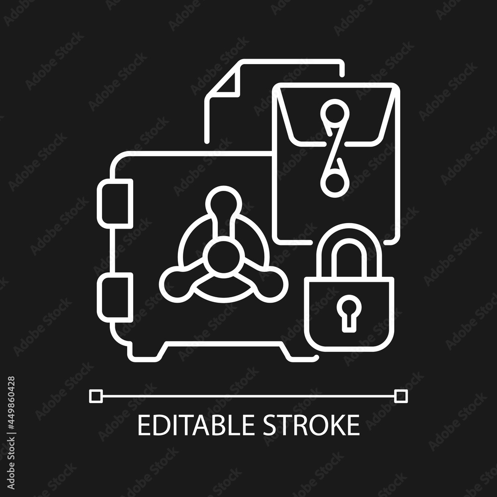 Trade secrets white linear icon for dark theme. Intellectual right. Security metal safe. Thin line customizable illustration. Isolated vector contour symbol for night mode. Editable stroke Trade secrets white linear icon for dark theme. Intellectual right. Security metal safe. Thin line customizable illustration. Isolated vector contour symbol for night mode. Editable stroke