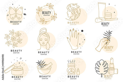 Set of Beauty center emblem with woman face, ceramic candle aroma oil lamp, mortar and pestle, lipstick. Beauty center label, badge, sign for cosmetics, jewellery, beauty. Linear trendy style. Vector
