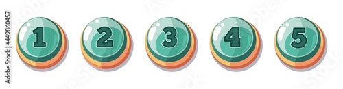 Cartoon number buttons. Glossy gaming button, numbering from one to five. Isolated game vector elements for user interface or levels