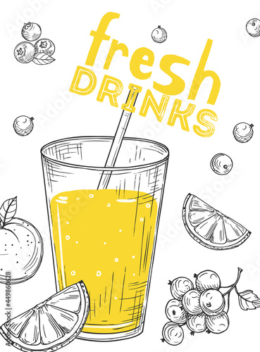 Fresh fruit juice. Sketch drink glass, lemon slices and berries. Vegan bar, vitamin smoothie vector card