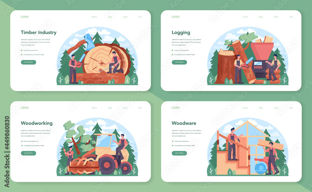 Timber industry and wood production web banner or landing page set. Logging