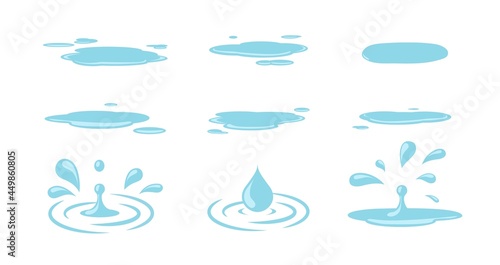 Puddle and drops. Water drops, isolated puddles cartoon elements. Autumn spring weather set, tears or rain vector set