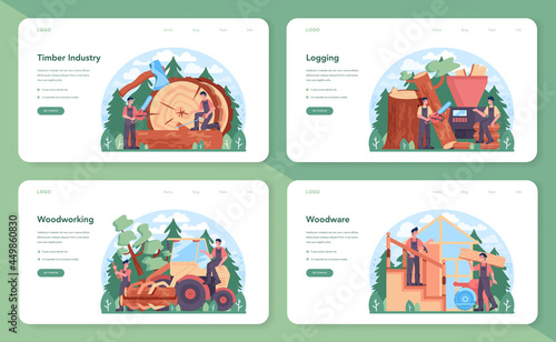 Timber industry and wood production web banner or landing page set. Logging