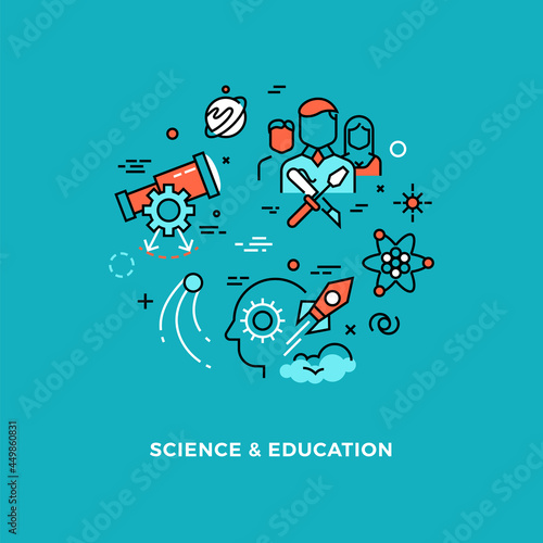 Research science and education. Mind development, creativity work. Vector line icons for school medicine pharmacy or chemistry industry