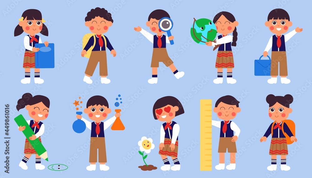 Fototapeta premium Children go to school. Kawaii cartoon students, cute kids preschool. Education characters, boy girl with book wear college uniform decent vector set