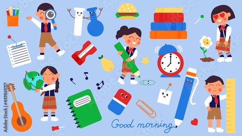 School time. Students and stationery, cute kawaii pupils in uniform. Cartoon preschool kids, educational lessons and elements decent vector set