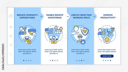 Cameras for business onboarding vector template. Responsive mobile website with icons. Web page walkthrough 4 step screens. Surveillance technologies color concept with linear illustrations