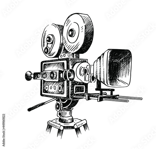 Sketch of a camcorder isolated on a white background drawn by hand in a retro style. Vector illustration, sketch