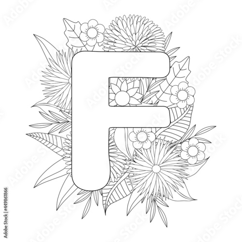 Letter F coloring page. Floral coloring.