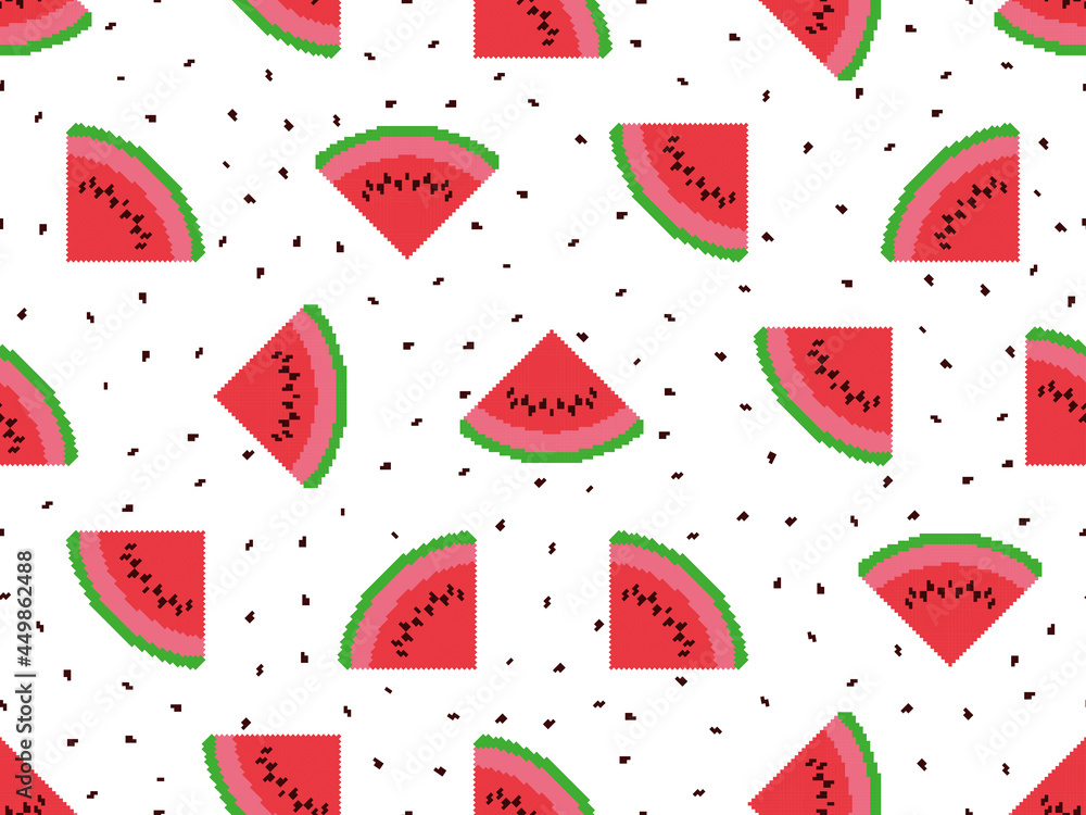 Watermelon slices seamless pattern in pixel art style. 8 bit icon watermelon with seeds. Trend design for printing, wrapping paper and advertising. Vector illustration Watermelon slices seamless pattern in pixel art style. 8 bit icon watermelon with seeds. Trend design for printing, wrapping paper and advertising. Vector illustration
